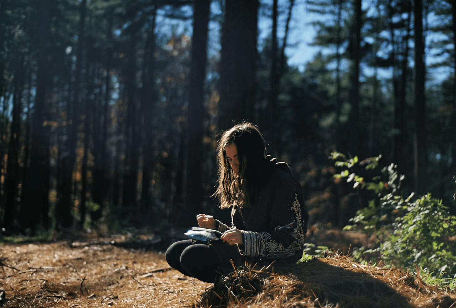 A student writing in a forest